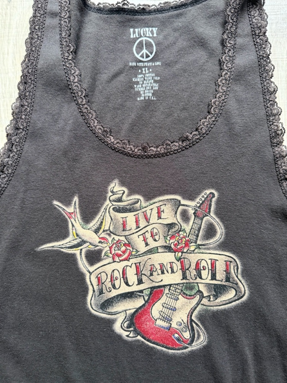 Lucky Brand Black Lace-Trim Rock & Roll Graphic Tank size XL new condition. - Picture 2 of 4